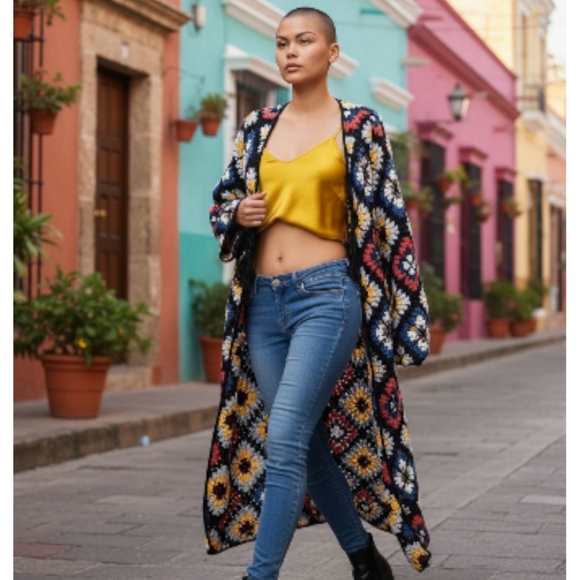 🦋NWOT! UNICORN! RARE! Granny Squares Party Cardi Duster Full Length Cardigan! - Picture 3 of 16